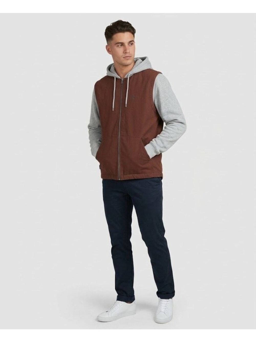 Volcom Mens XL Brown Gray Hooded Jacket Full Zip Cotton Skate Streetwear
